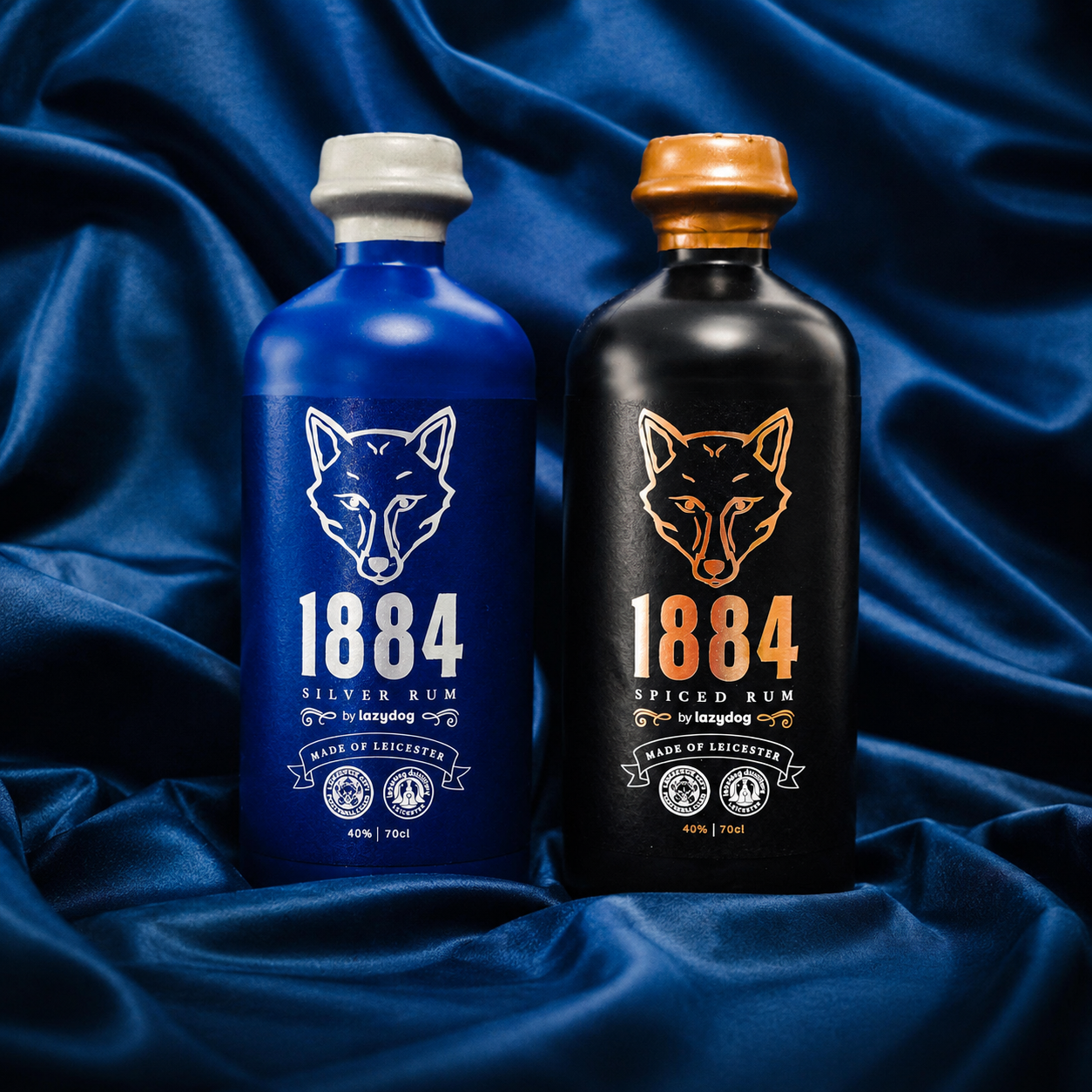 The 1884 Collection: one 70cl Silver Rum and one 70cl Spiced Rum bottle by Lazydog x LCFC.